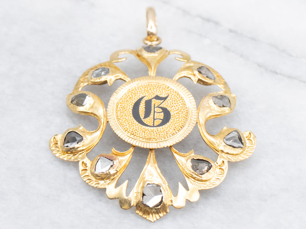 Polki Diamond and Gold Coin Black Enamel "G" Center Love Token Pendant