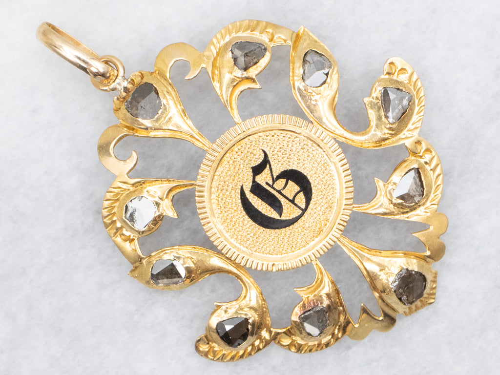 Polki Diamond and Gold Coin Black Enamel "G" Center Love Token Pendant