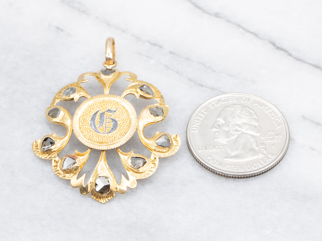 Polki Diamond and Gold Coin Black Enamel "G" Center Love Token Pendant