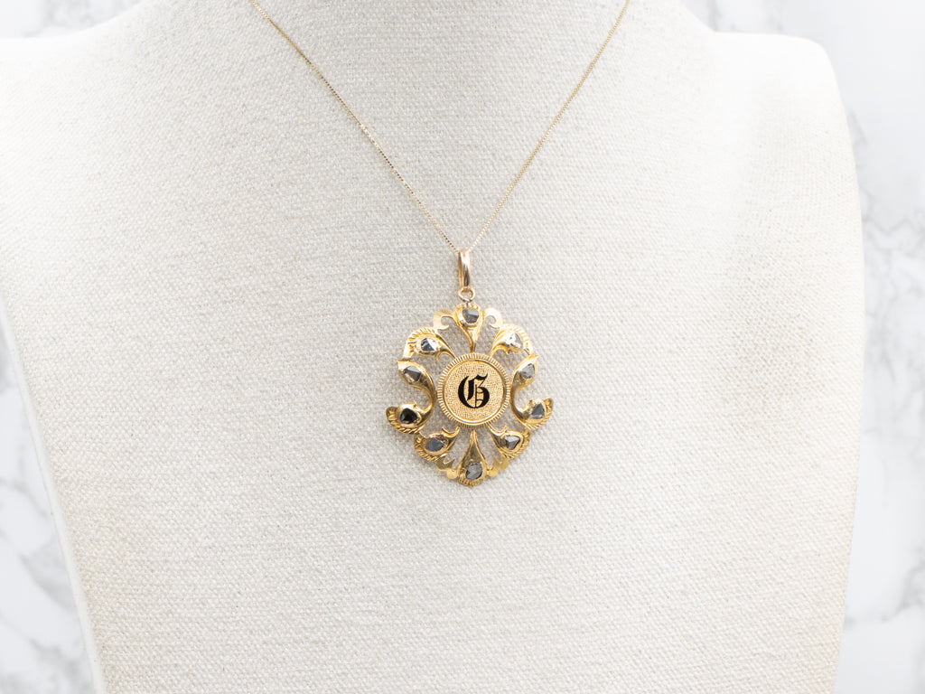 Polki Diamond and Gold Coin Black Enamel "G" Center Love Token Pendant
