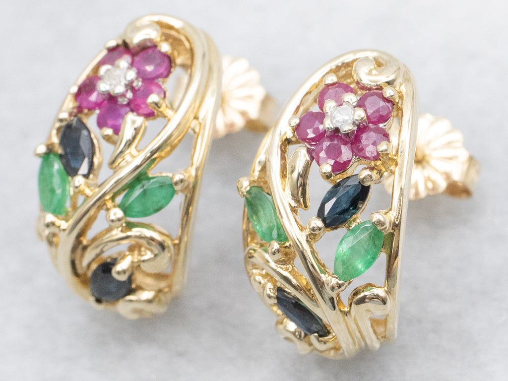 Multi-Gemstone Flower Drop Earrings
