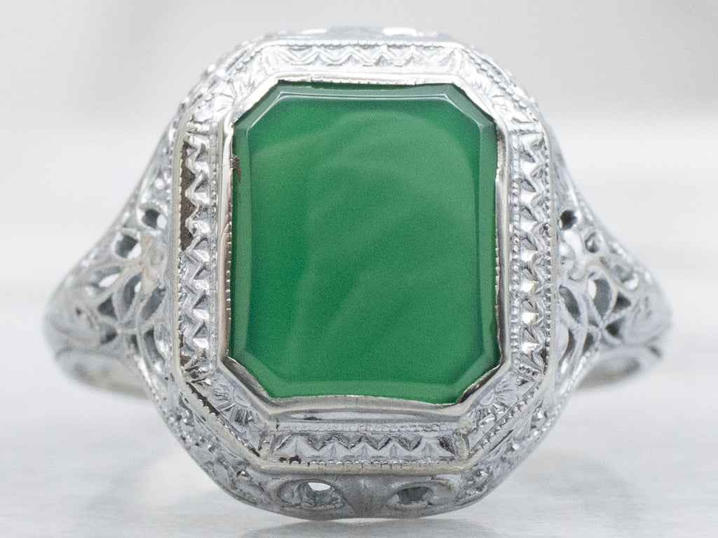 Ostby and Barton Green Onyx Antique Filigree Solitaire Ring