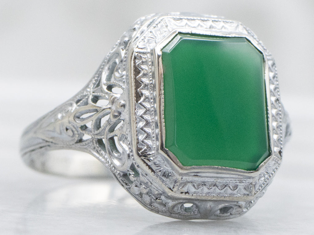 Ostby and Barton Green Onyx Antique Filigree Solitaire Ring