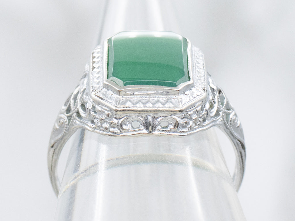 Ostby and Barton Green Onyx Antique Filigree Solitaire Ring