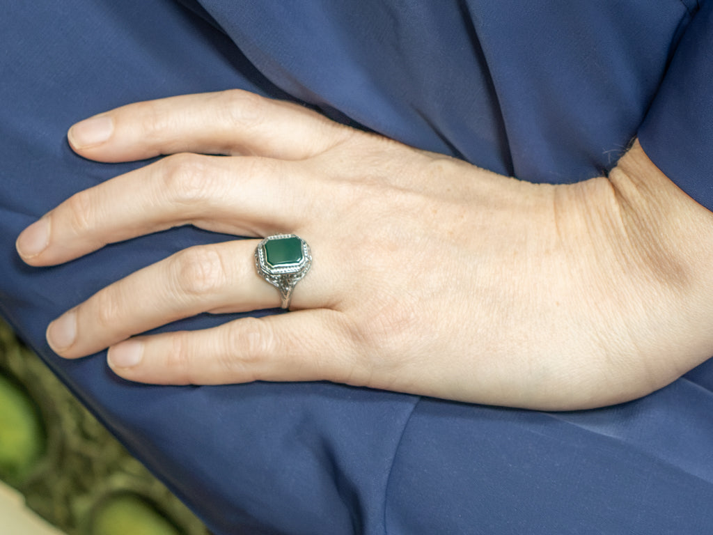 Ostby and Barton Green Onyx Antique Filigree Solitaire Ring