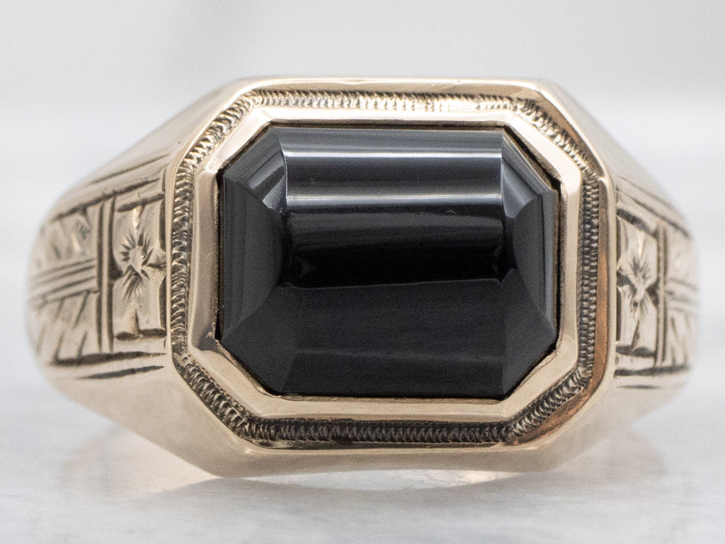 Men's Antique Gold and Black Onyx Ring with Forget-Me-Not Flowers