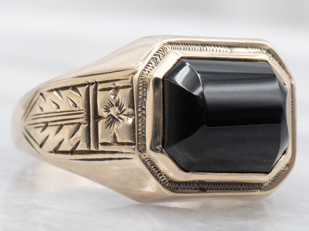 Men's Antique Gold and Black Onyx Ring with Forget-Me-Not Flowers