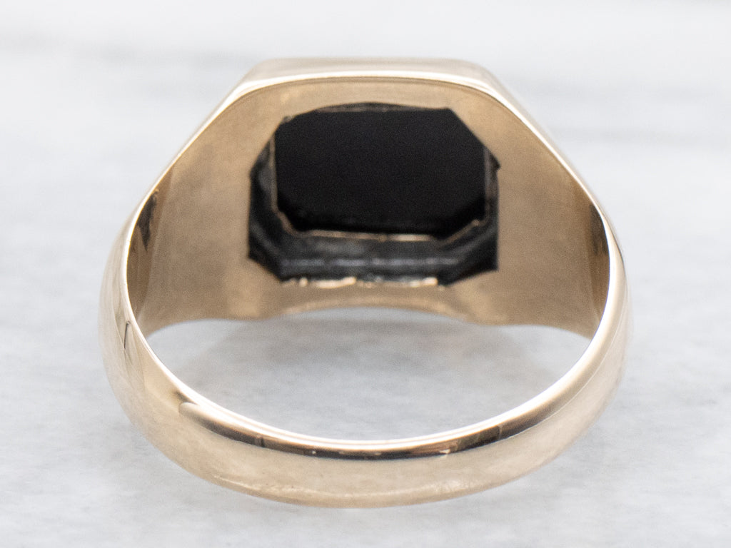 Men's Antique Gold and Black Onyx Ring with Forget-Me-Not Flowers