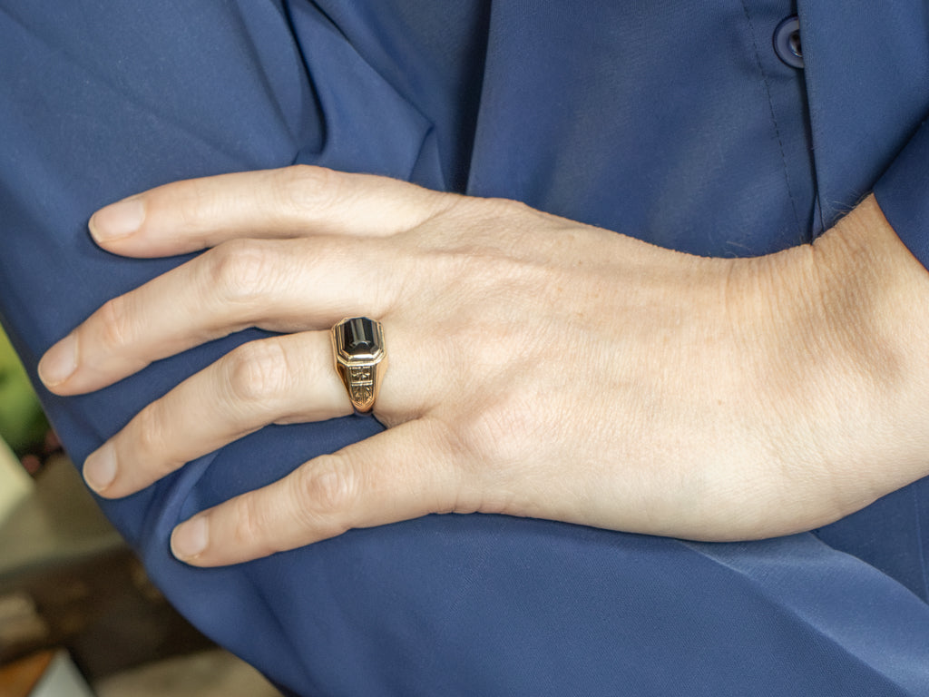 Men's Antique Gold and Black Onyx Ring with Forget-Me-Not Flowers