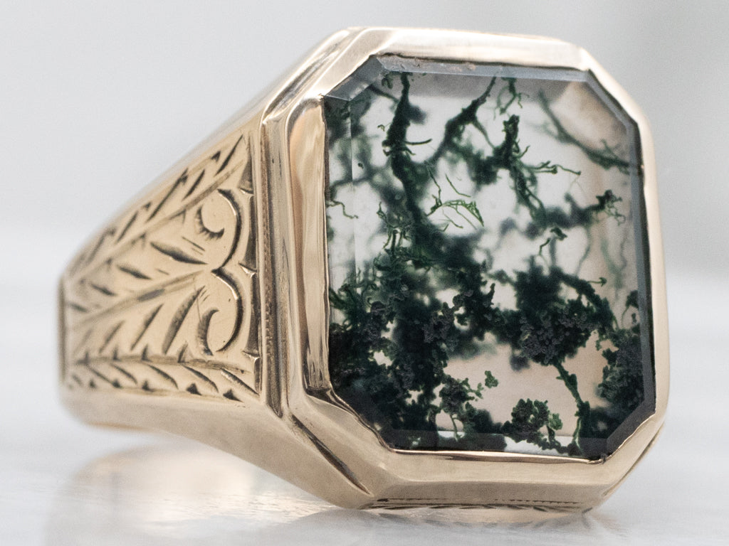 Victorian Moss Agate and Gold Unisex Ring