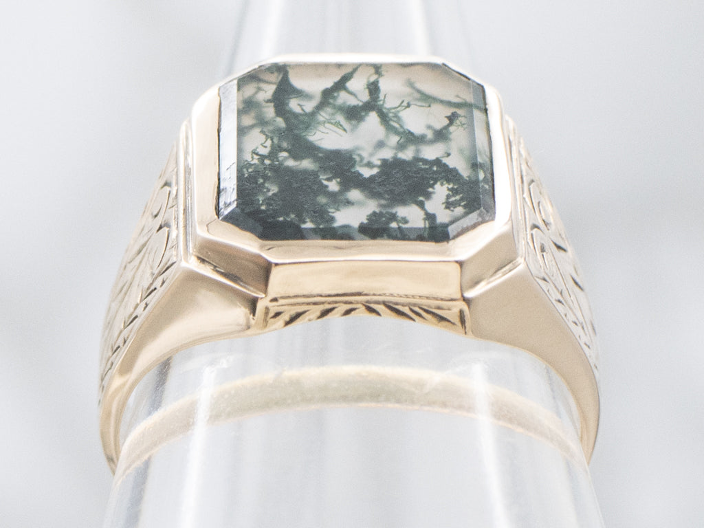 Victorian Moss Agate and Gold Unisex Ring
