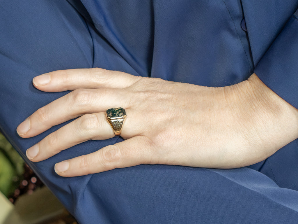 Victorian Moss Agate and Gold Unisex Ring