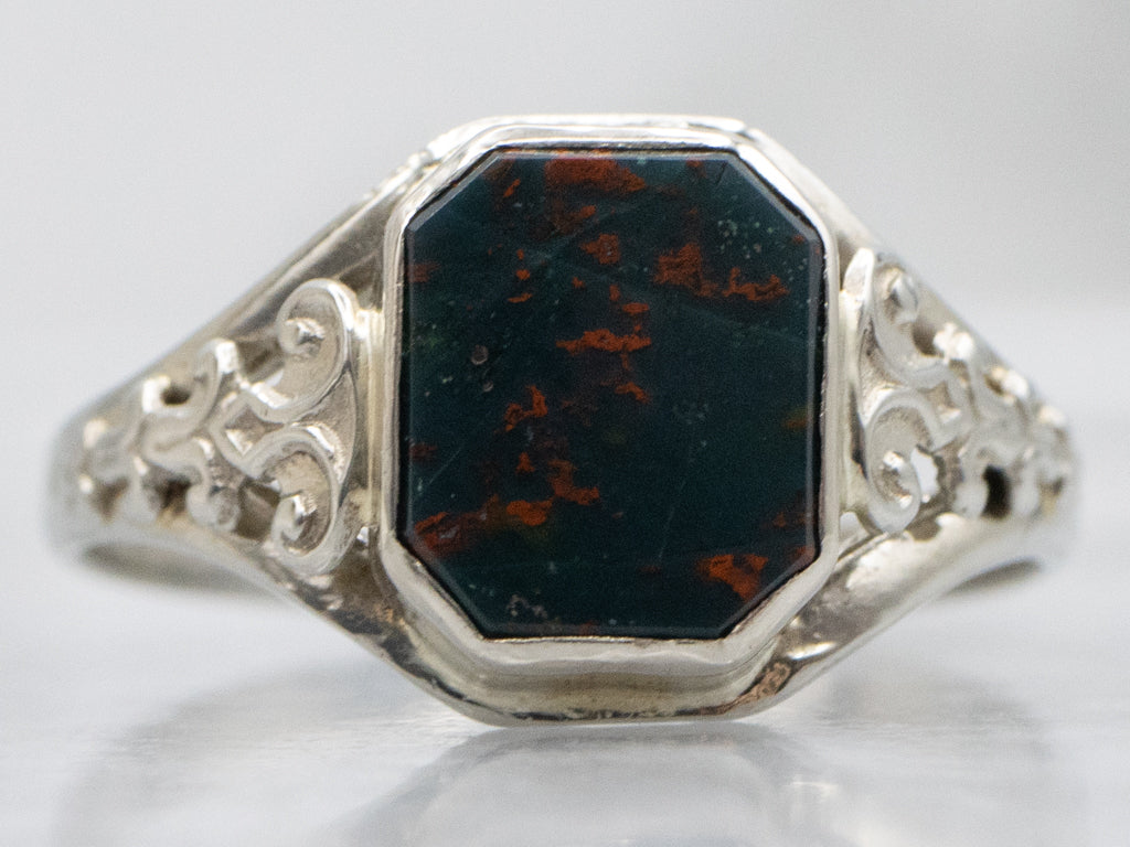 White Gold Bloodstone Filigree Ring