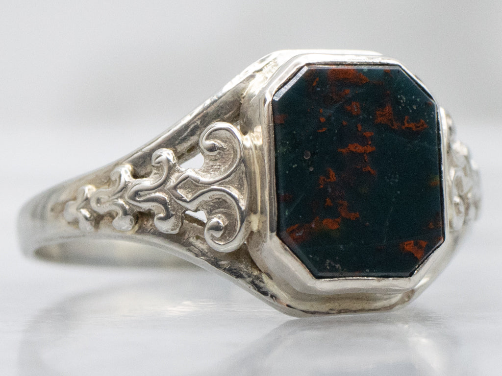 White Gold Bloodstone Filigree Ring