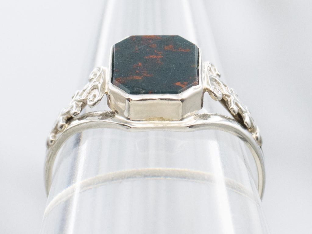 White Gold Bloodstone Filigree Ring