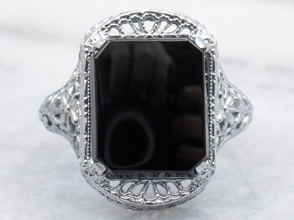 Art Deco Era Black Onyx Floral Filigree White Gold Solitaire Ring