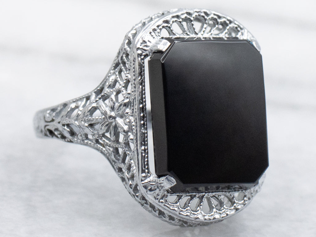 Art Deco Era Black Onyx Floral Filigree White Gold Solitaire Ring
