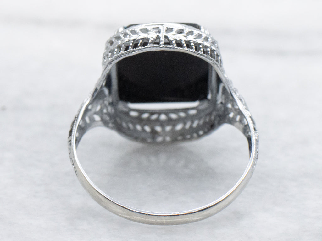 Art Deco Era Black Onyx Floral Filigree White Gold Solitaire Ring