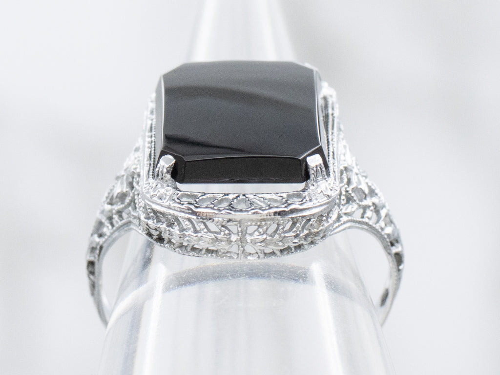 Art Deco Era Black Onyx Floral Filigree White Gold Solitaire Ring