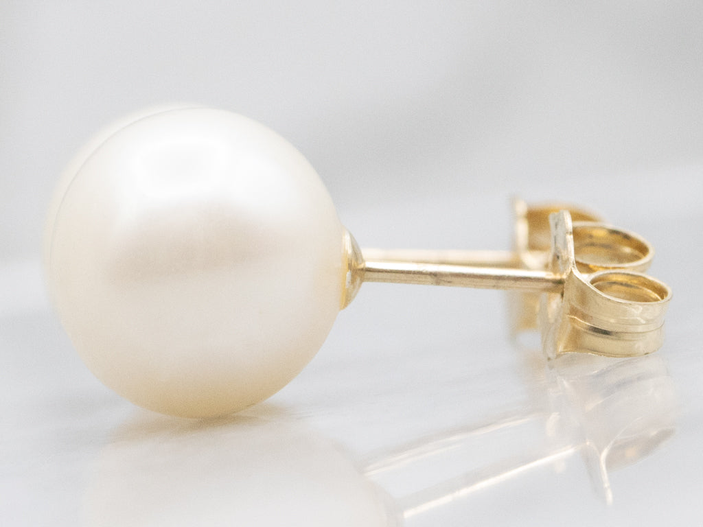 Classic White Pearl Yellow Gold Stud Earrings