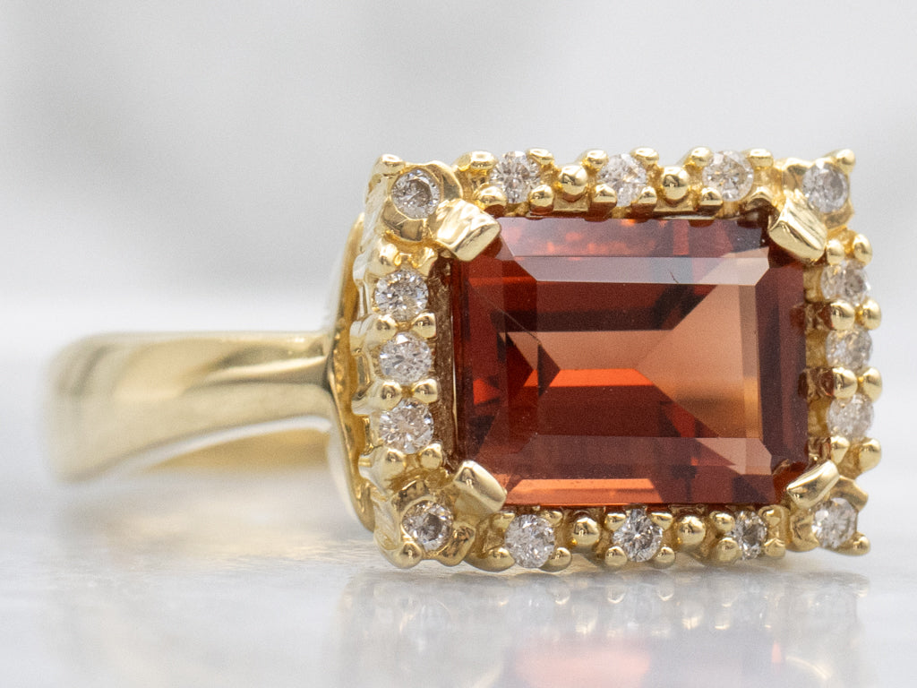 East-to-West Andesine Labradorite and Diamond Border Gold Ring
