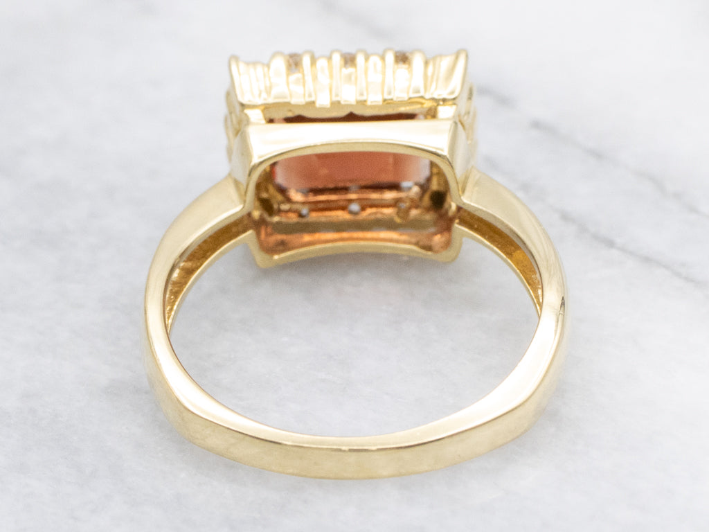 East-to-West Andesine Labradorite and Diamond Border Gold Ring