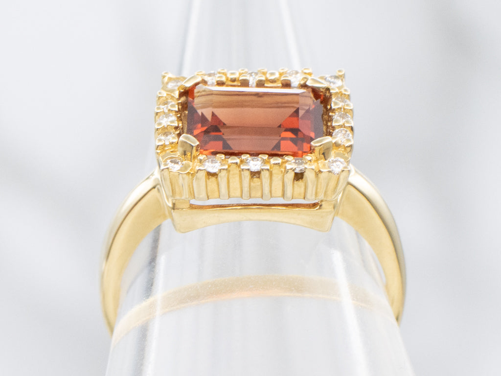 East-to-West Andesine Labradorite and Diamond Border Gold Ring
