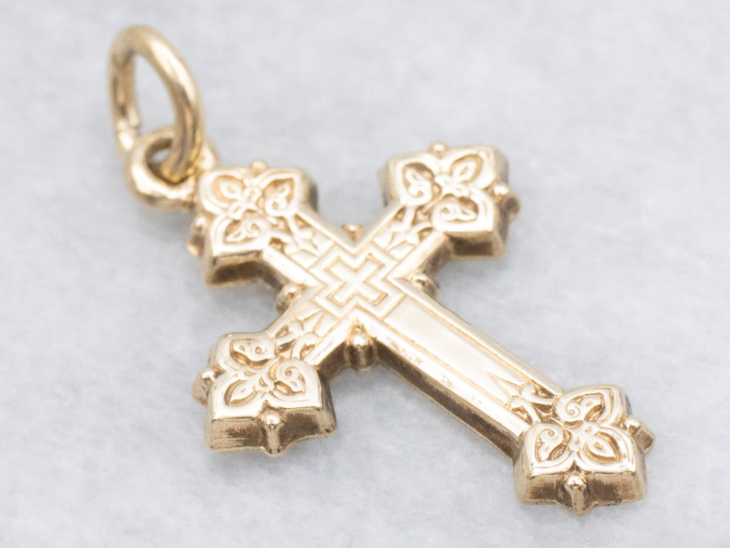 Vintage Engraved Yellow Gold Cross Pendant