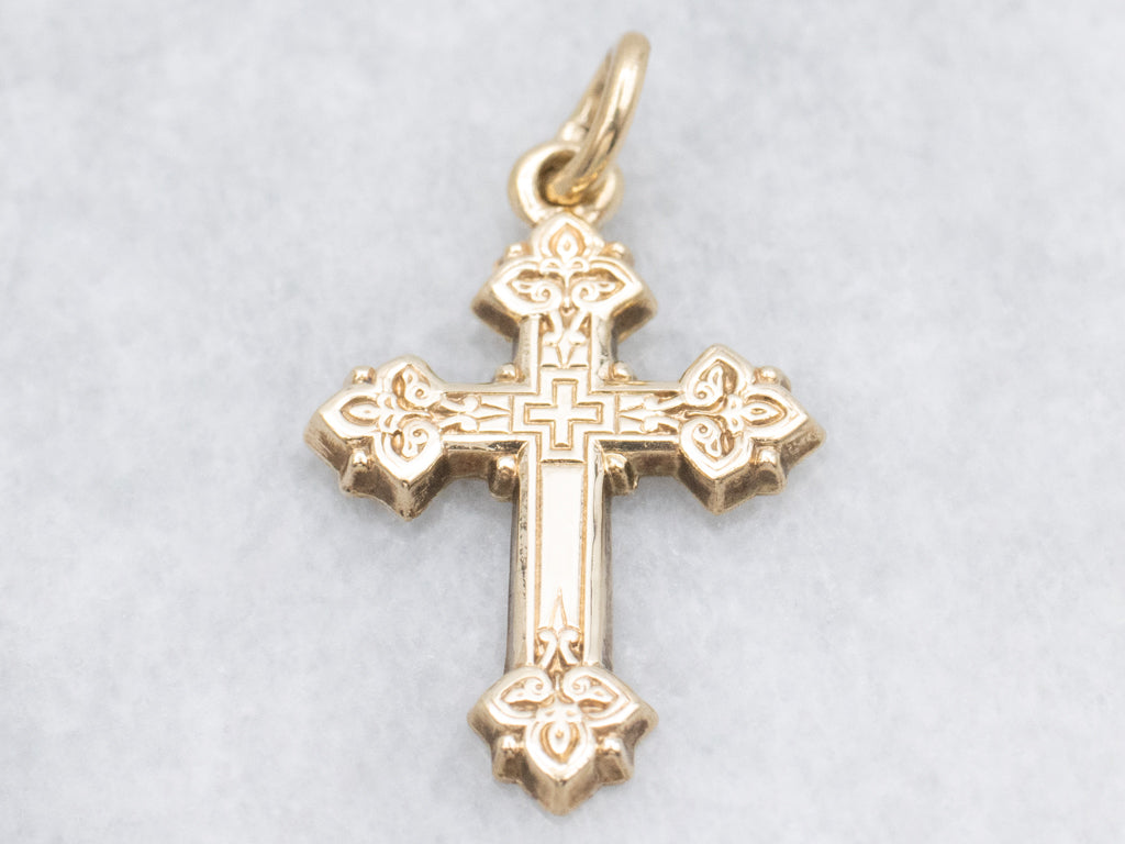 Vintage Engraved Yellow Gold Cross Pendant