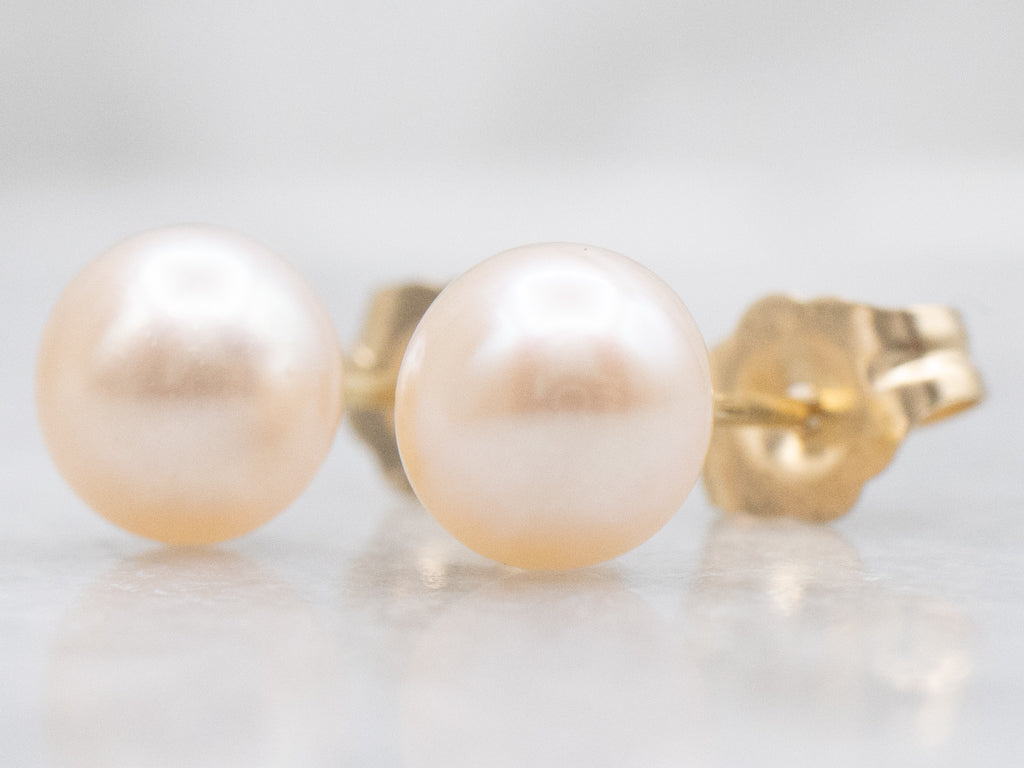 Blushing Pink Button Pearl Gold Stud Earrings