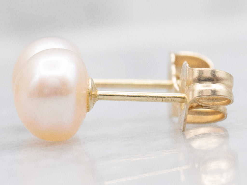 Blushing Pink Button Pearl Gold Stud Earrings