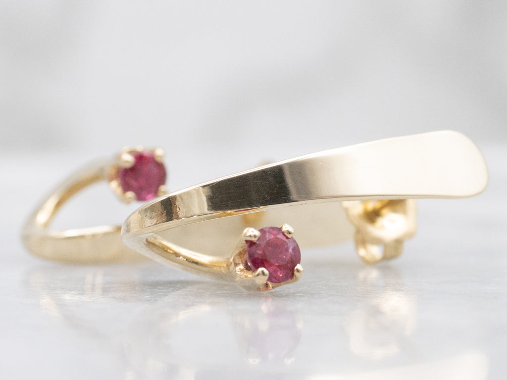 Modernist Gold Twisting Ruby Earrings