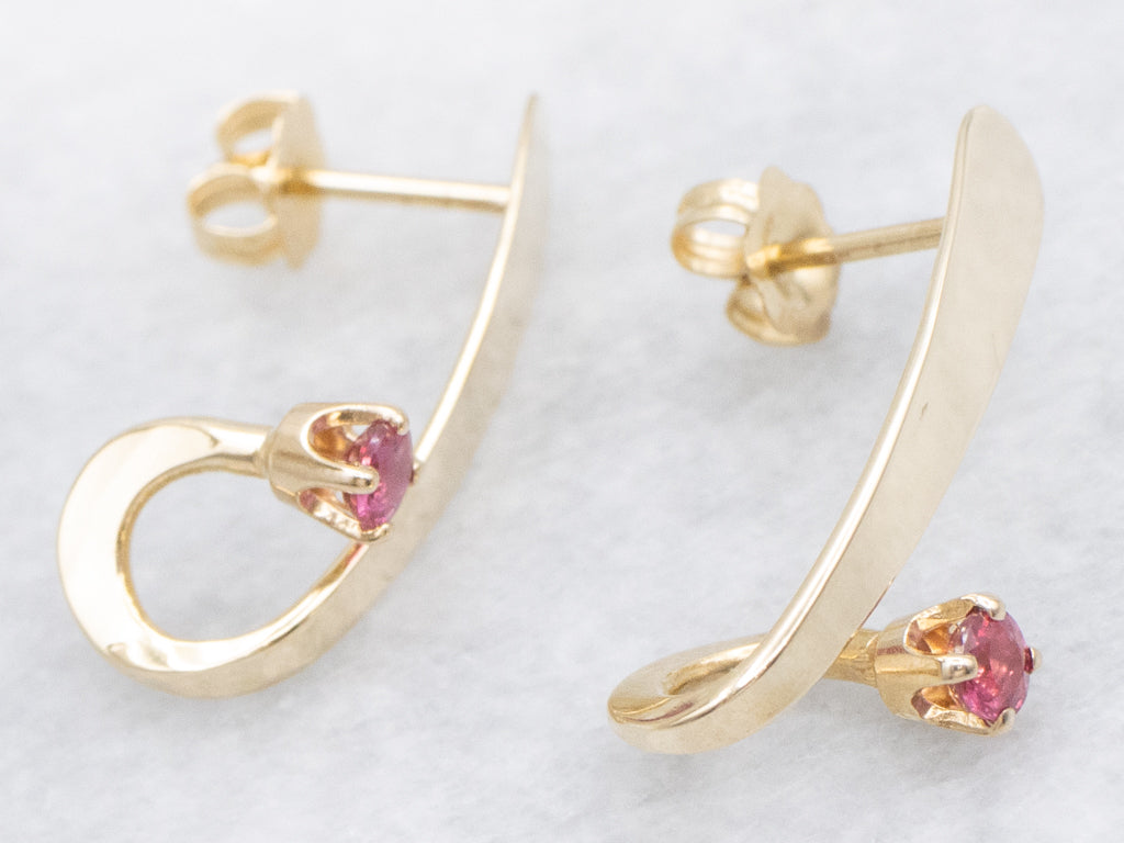 Modernist Gold Twisting Ruby Earrings