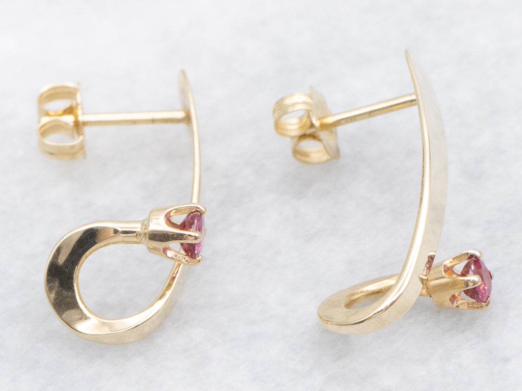 Modernist Gold Twisting Ruby Earrings