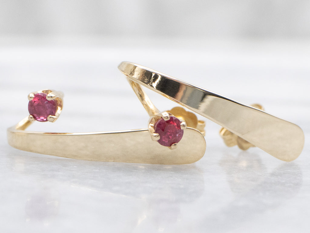 Modernist Gold Twisting Ruby Earrings