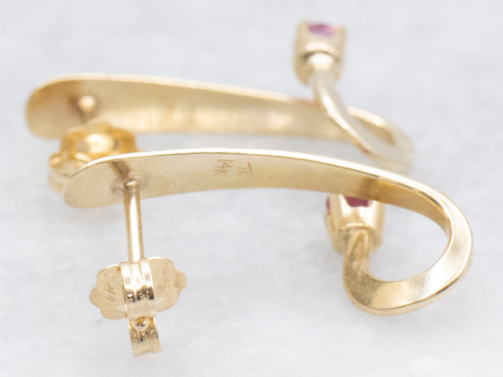 Modernist Gold Twisting Ruby Earrings