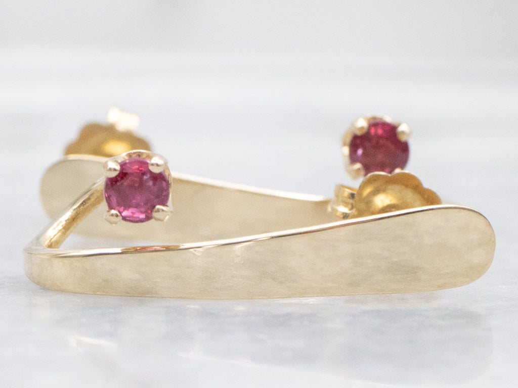 Modernist Gold Twisting Ruby Earrings