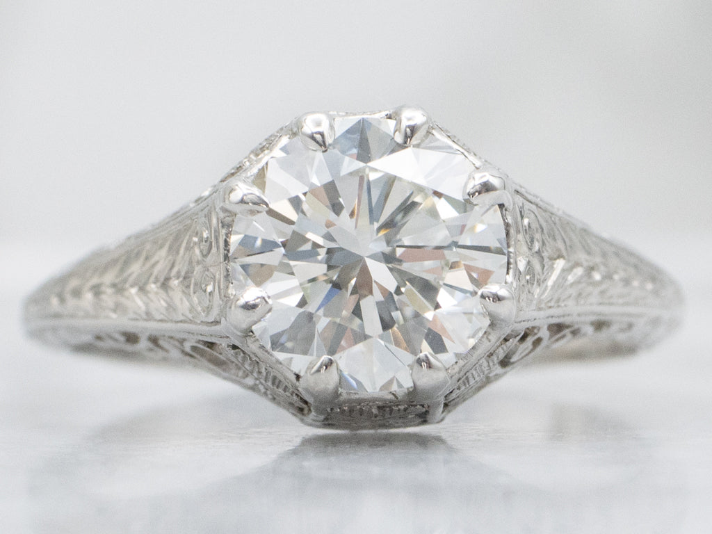 GIA Certified Diamond Art Deco Era Platinum Floral Filigree Engagement Ring