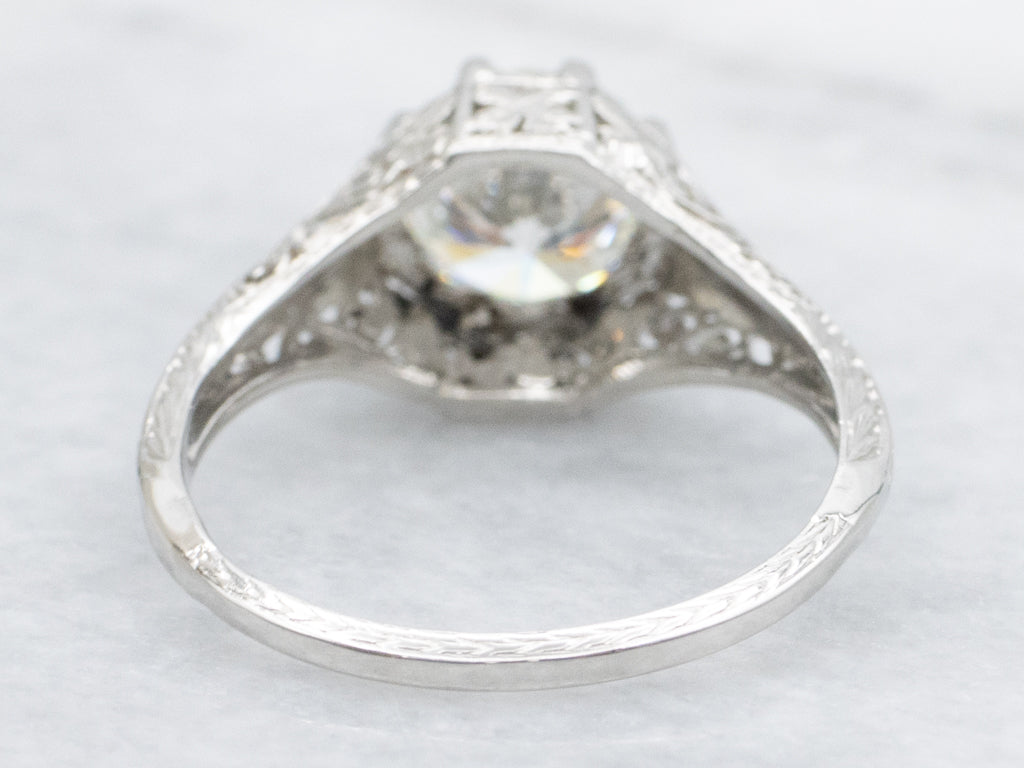 GIA Certified Diamond Art Deco Era Platinum Floral Filigree Engagement Ring