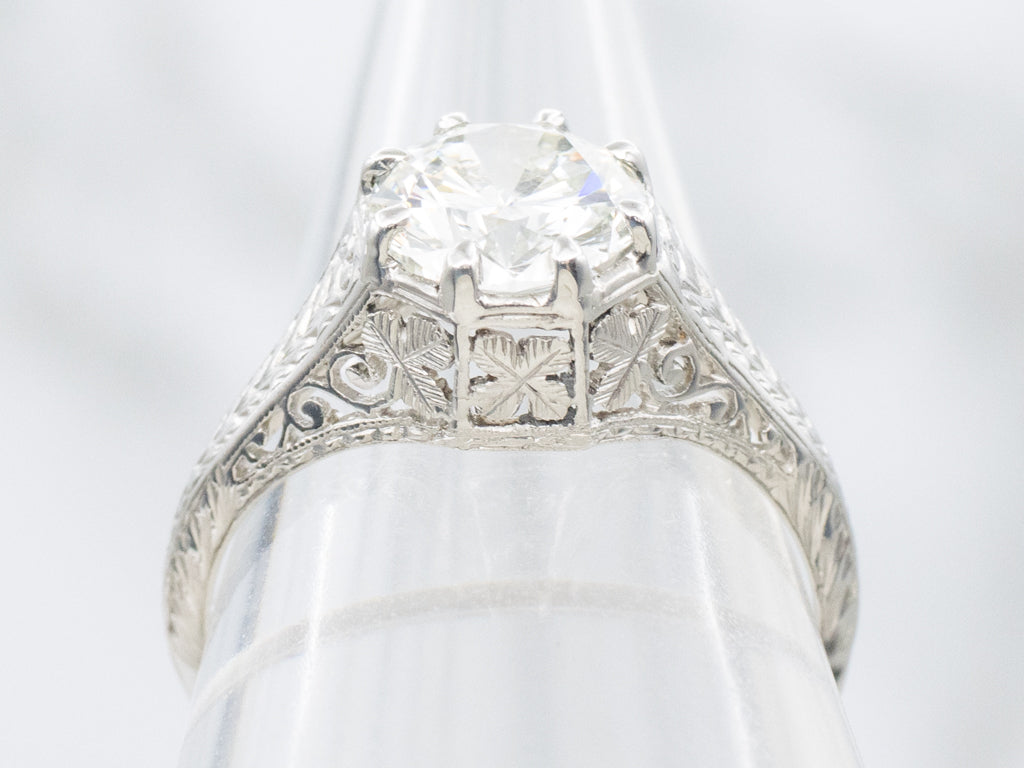 GIA Certified Diamond Art Deco Era Platinum Floral Filigree Engagement Ring