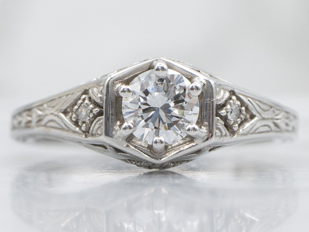 Antique Engraved White Gold Diamond Engagement Ring