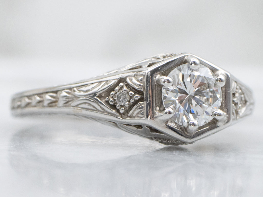 Antique Engraved White Gold Diamond Engagement Ring