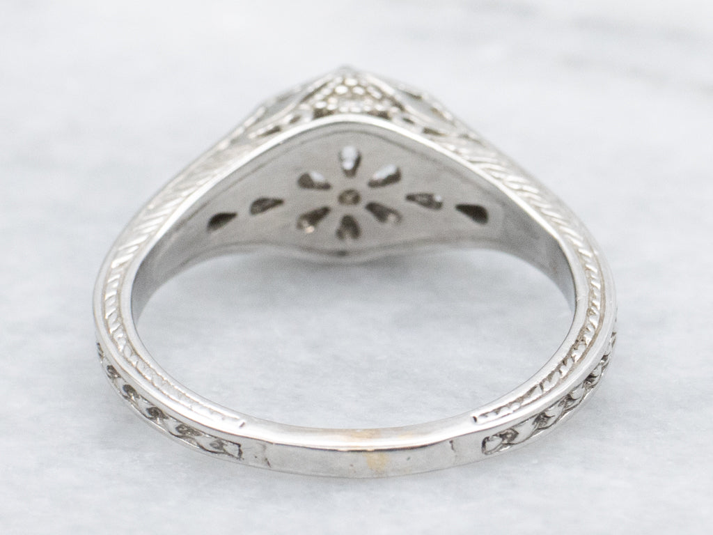 Antique Engraved White Gold Diamond Engagement Ring