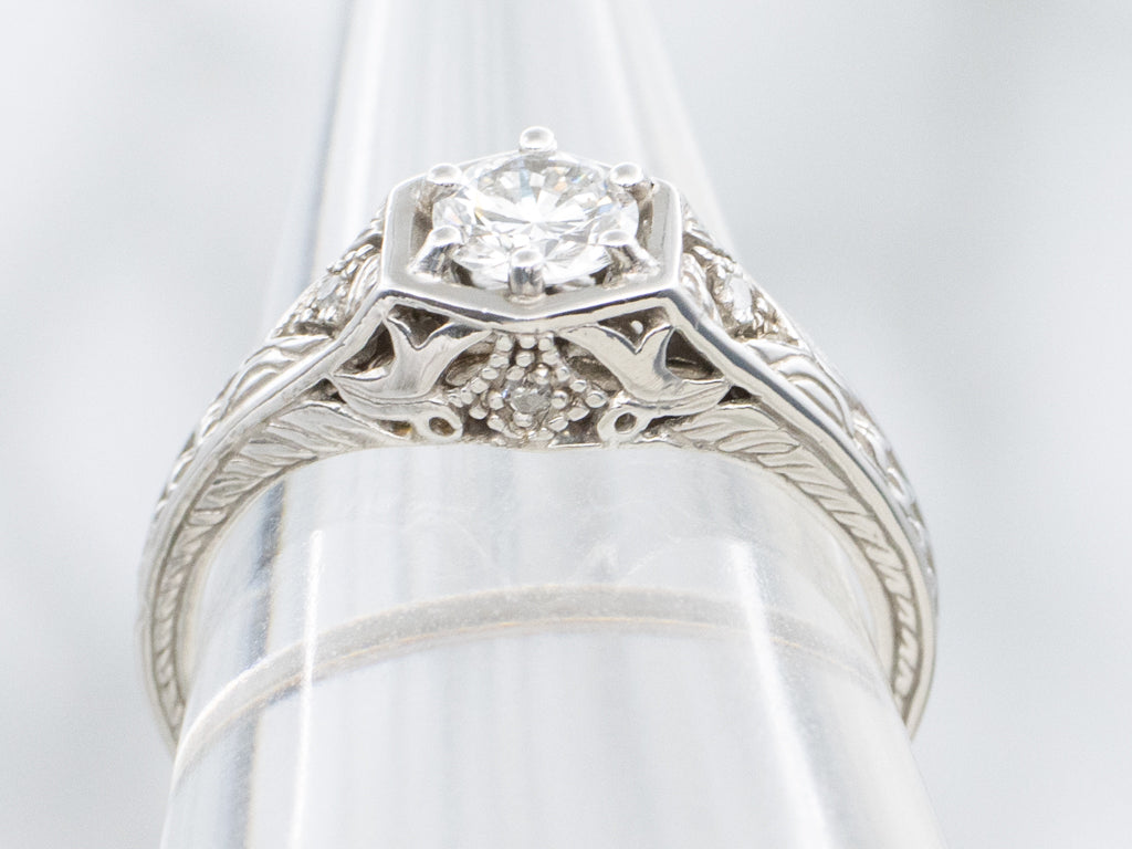 Antique Engraved White Gold Diamond Engagement Ring