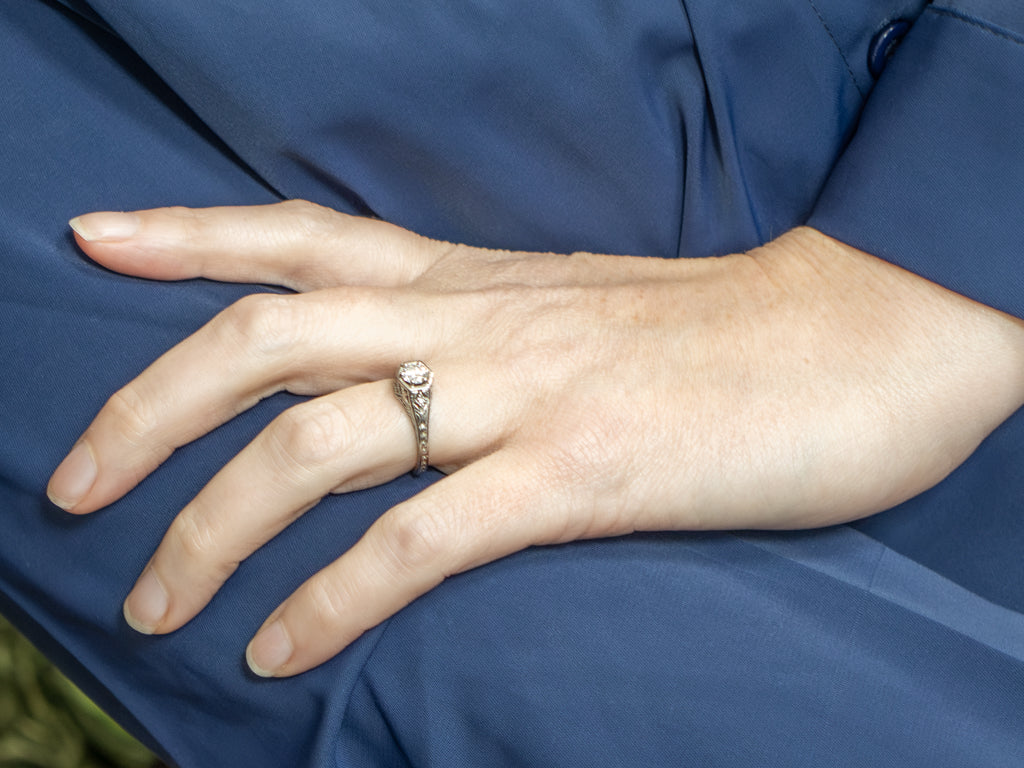 Antique Engraved White Gold Diamond Engagement Ring