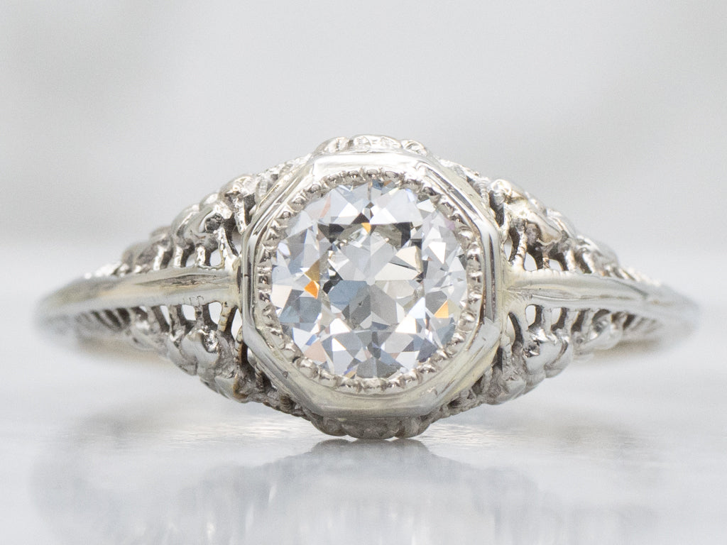 Art Deco Diamond Solitaire White Gold Filigree Engagement Ring