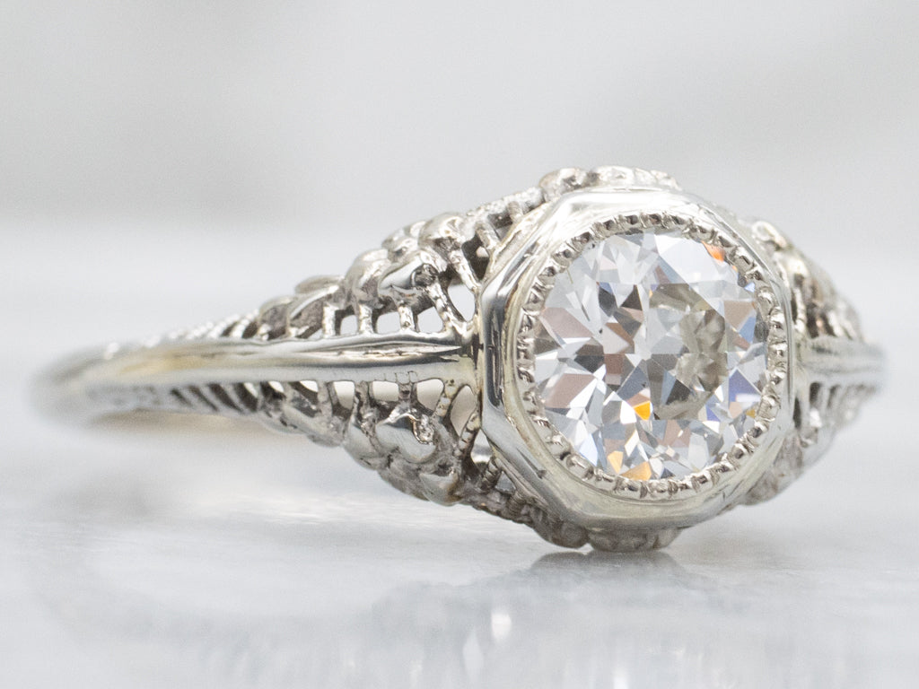 Art Deco Diamond Solitaire White Gold Filigree Engagement Ring