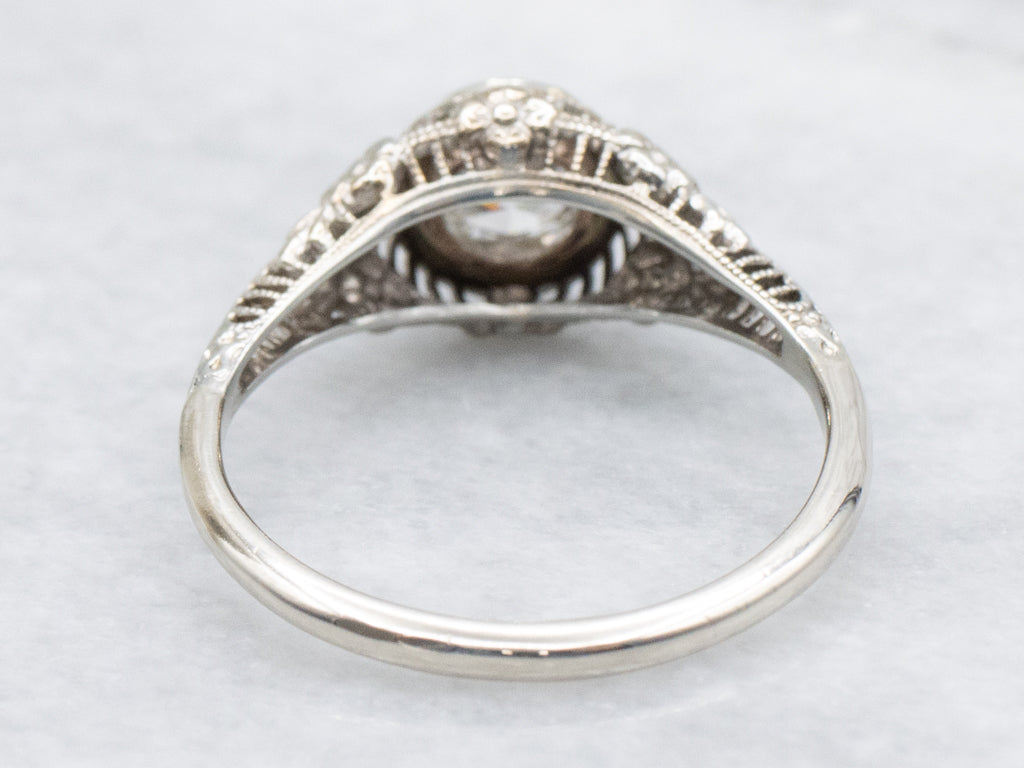 Art Deco Diamond Solitaire White Gold Filigree Engagement Ring