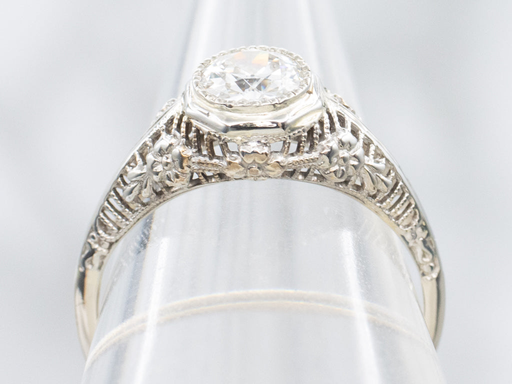 Art Deco Diamond Solitaire White Gold Filigree Engagement Ring