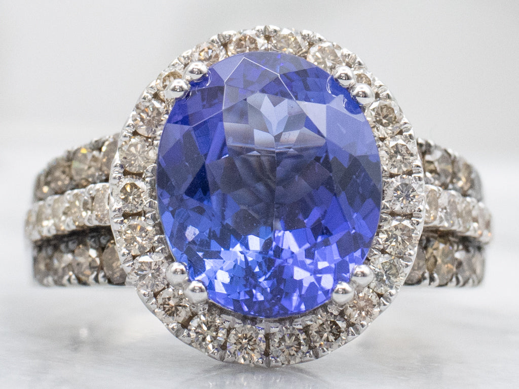 Tanzanite and Champagne Diamond Modern Halo Ring